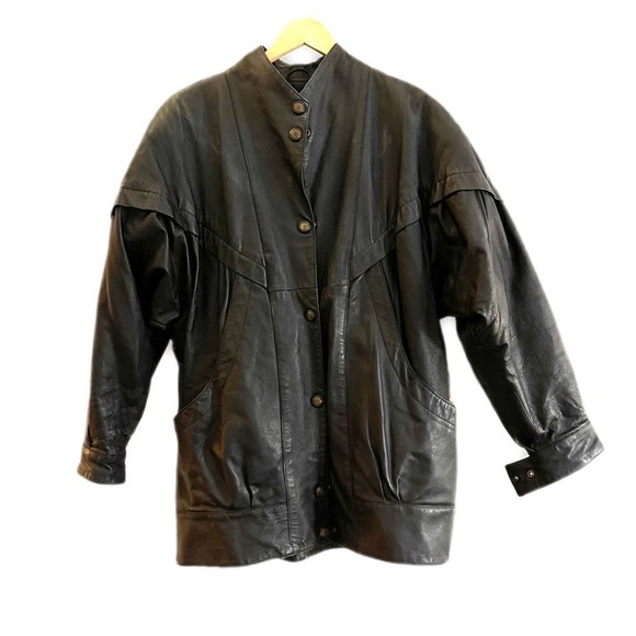 Vintage 80s Oversized Black Leather Coat Trench with Batwing Sleeve Size M
